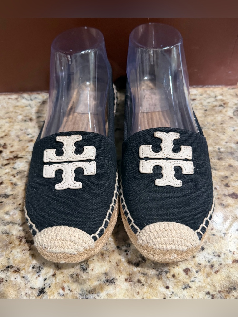 Tory Burch Black Canvas Espadrille Flats with Cream Logo and Jute Toe